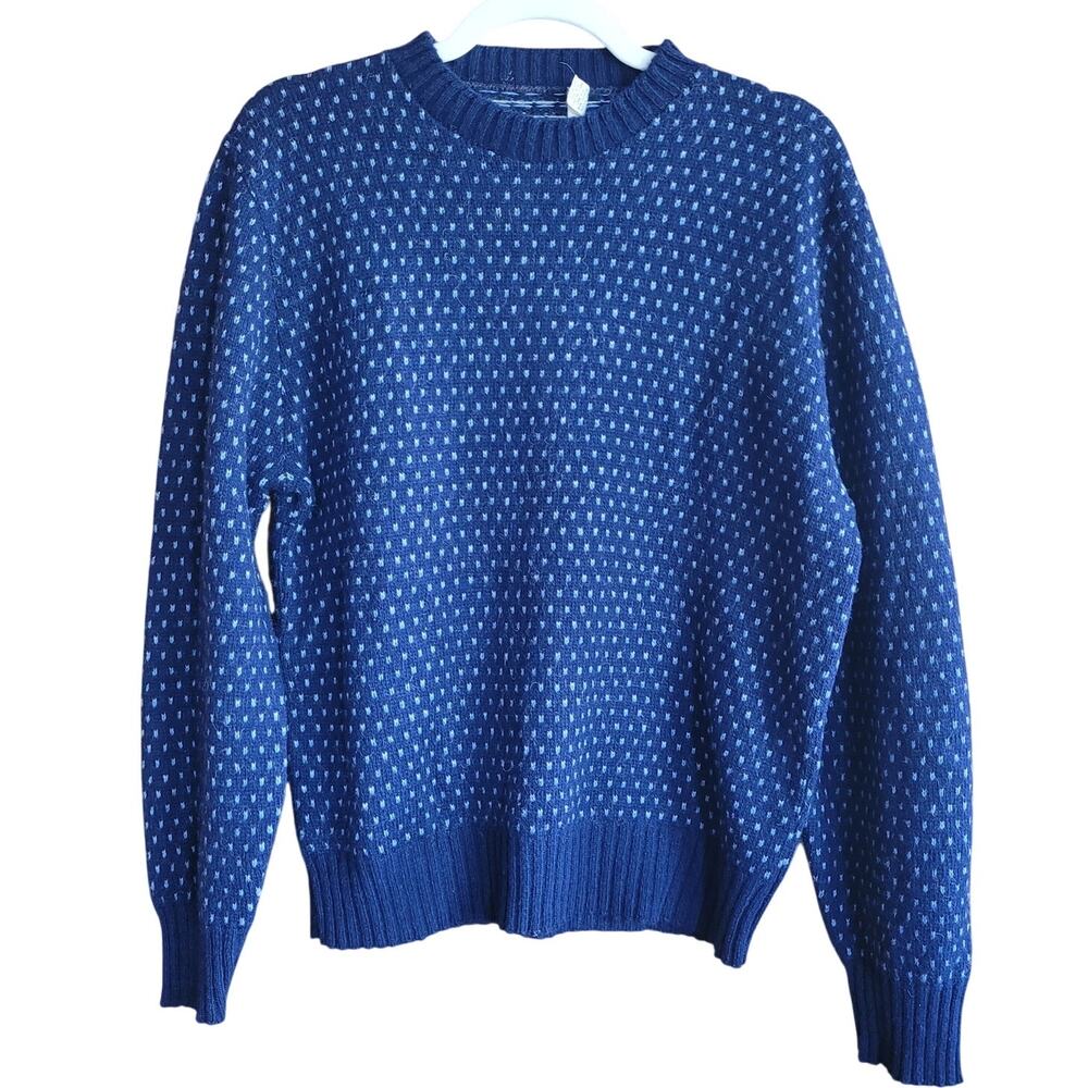 Blue White Textured Knit Polkadot Sweater Crewneck Grandpa Preppy Cozy Pullover